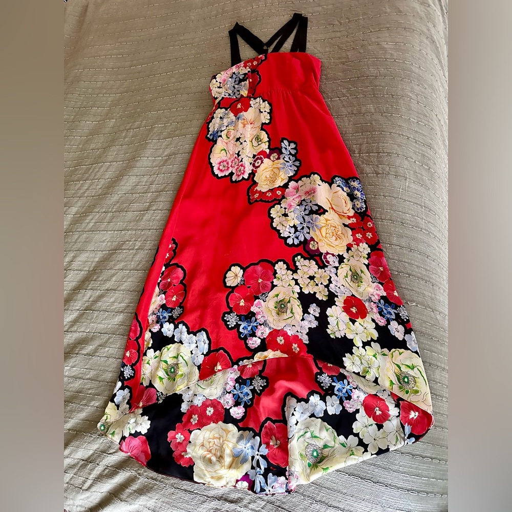 Anthropologie Leifsdottir silk red floral Chinese style high-low dress- size 6